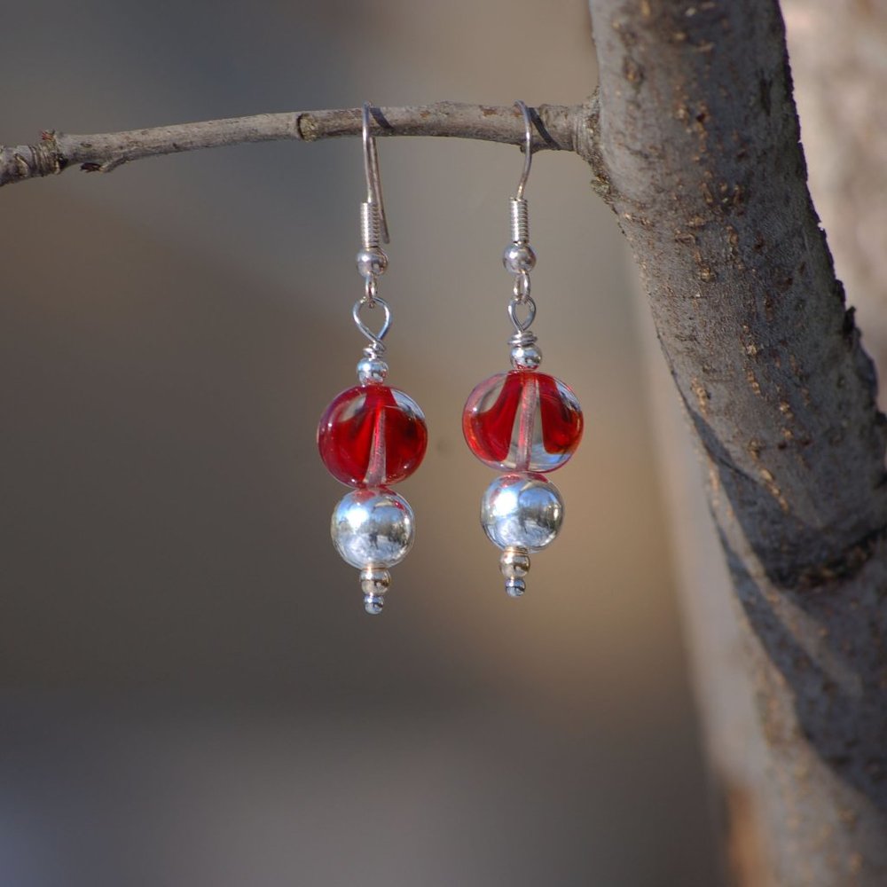 Red glass Silver and Gold earrings